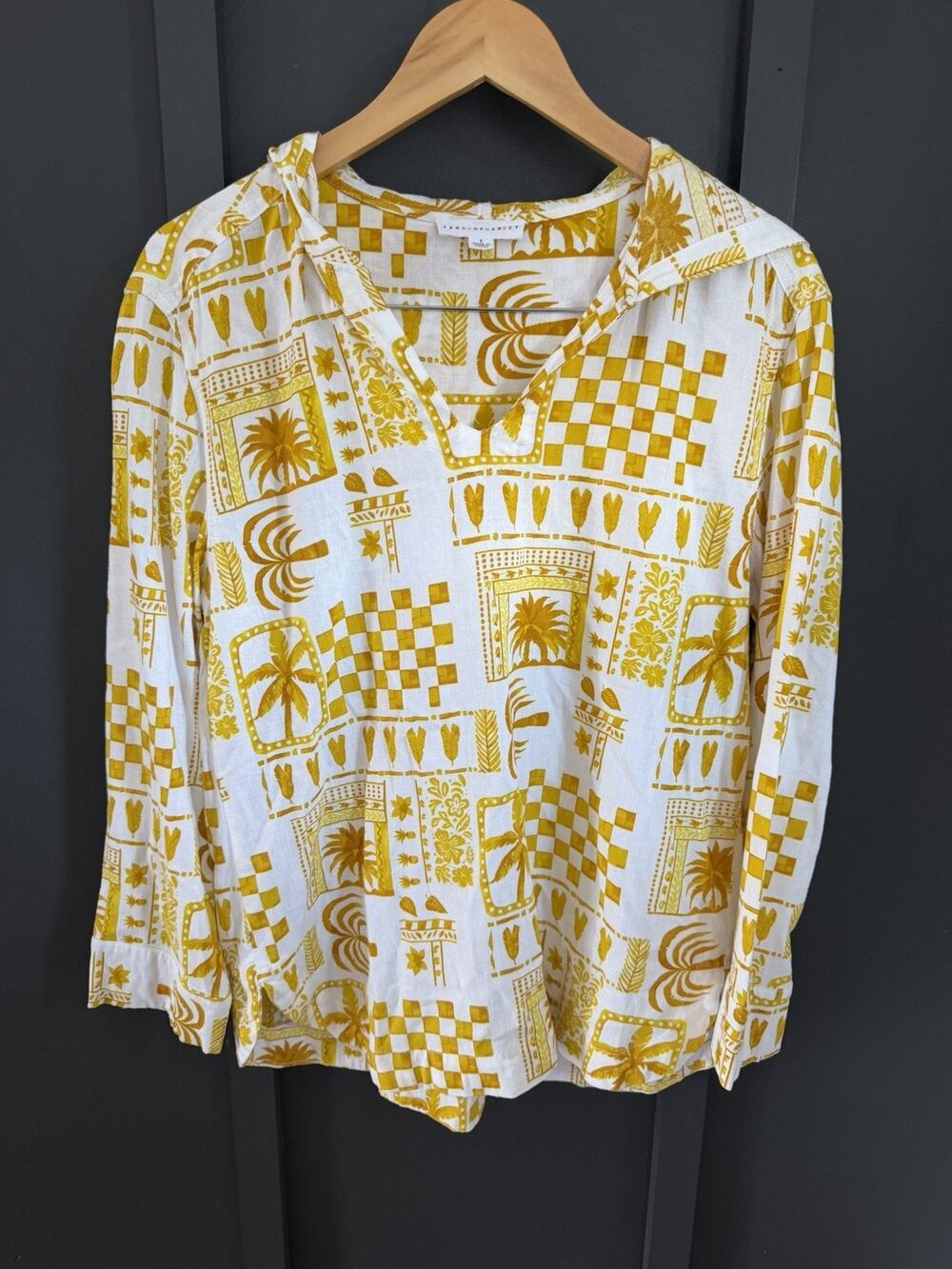 Jane Delancey Hooded Linen Top Blouse Women's Small Yellow White Boho Hood